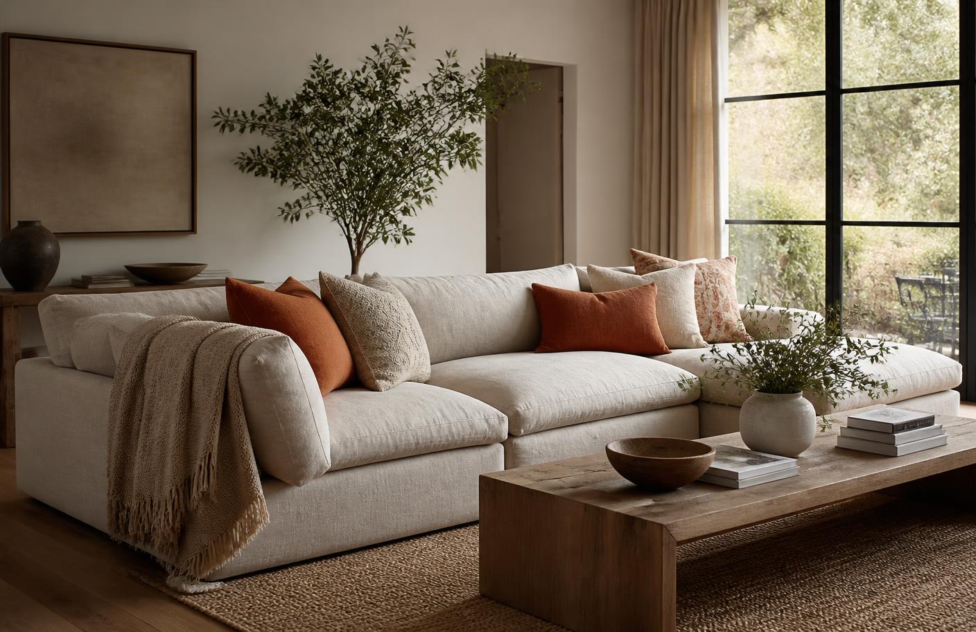 Living room with linen upholstered sofa and woven throws