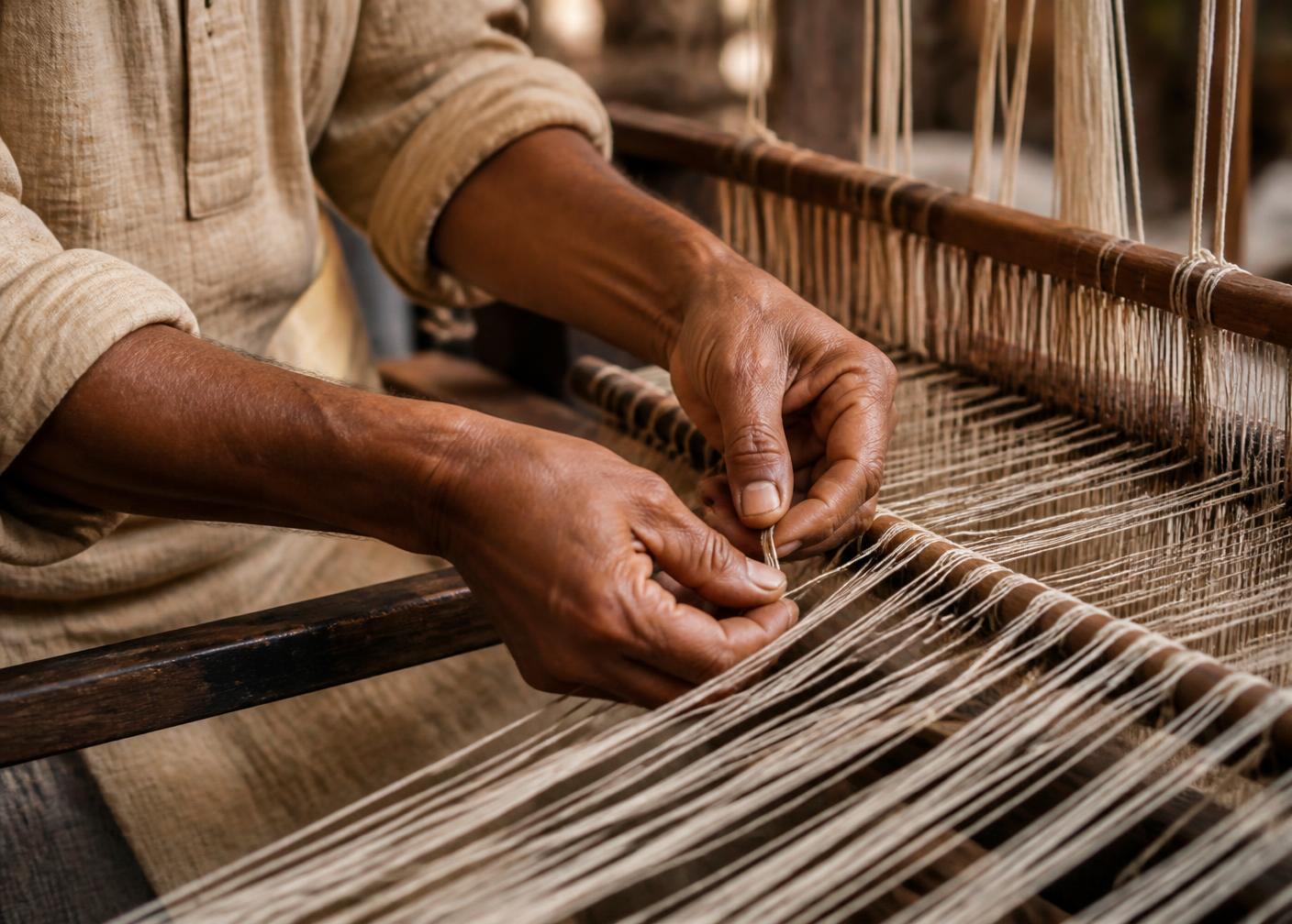 A weaver threading cotton yarn through the warp on a loom