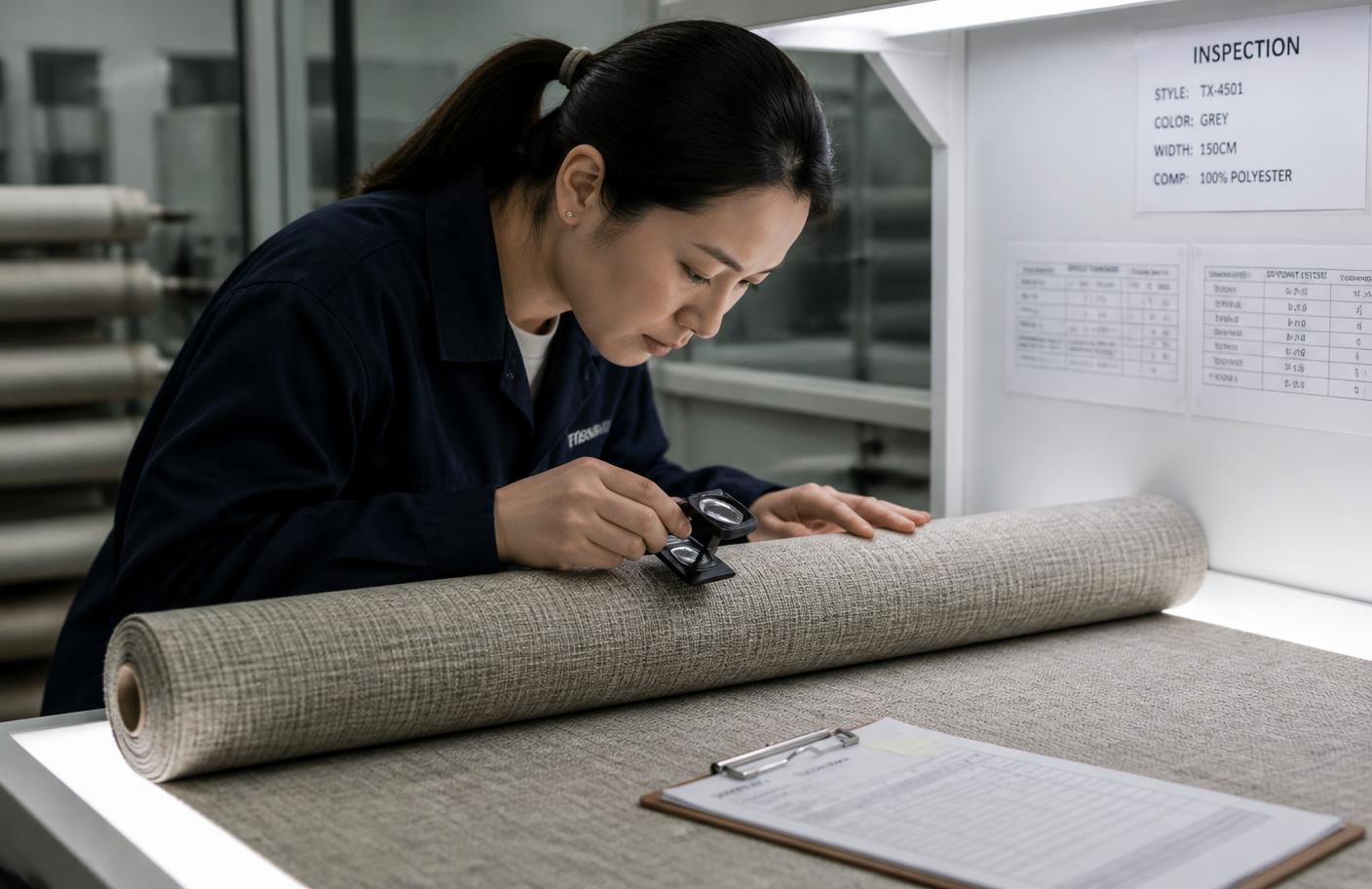 Inspector checking a fabric roll on a lighted inspection table