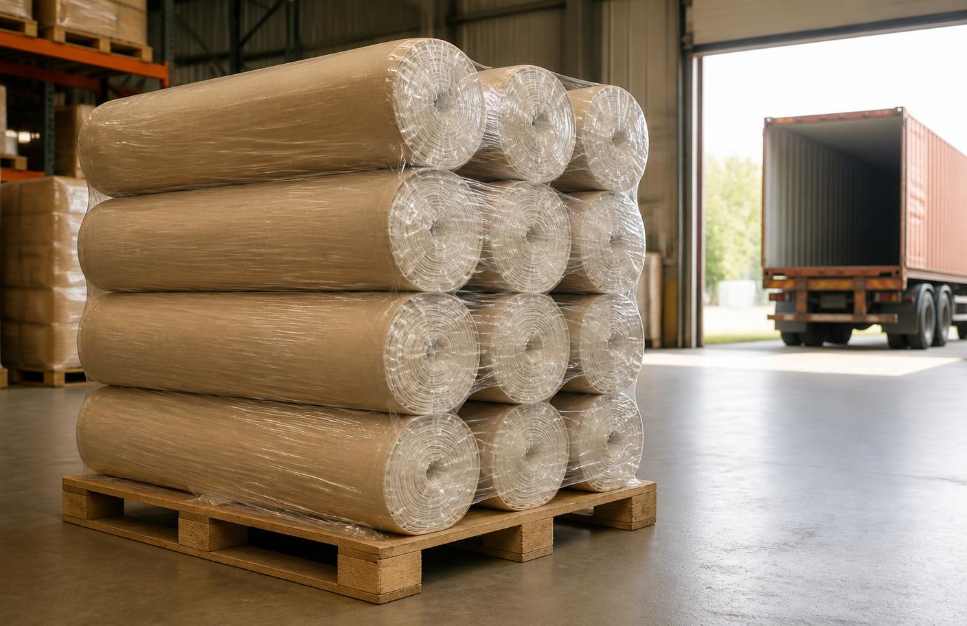 Wrapped fabric rolls palletized in the Imran Weaving loading bay